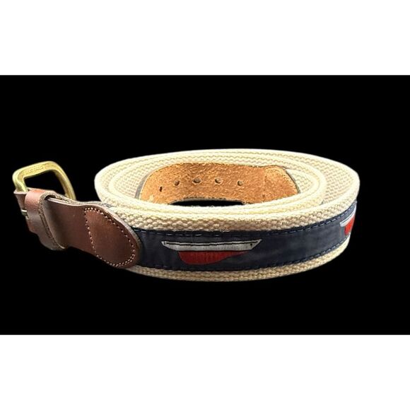 Leather Man Ltd. Belt Mens Size 42 Navy Leather Brass Buckle Woven Sailboat - Picture 9 of 16